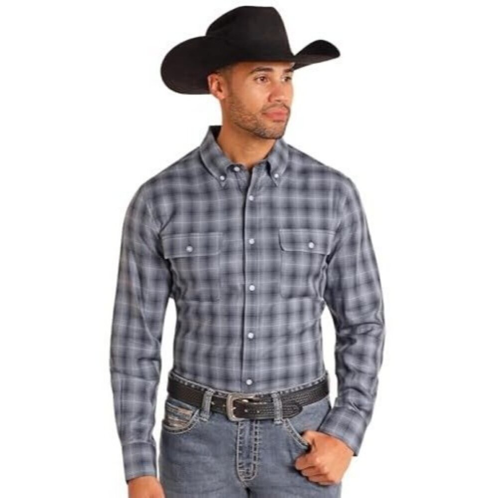 Rock & Roll Denim Men's Medium Long Sleeve Woven Plaid Button Western Shirt Indi